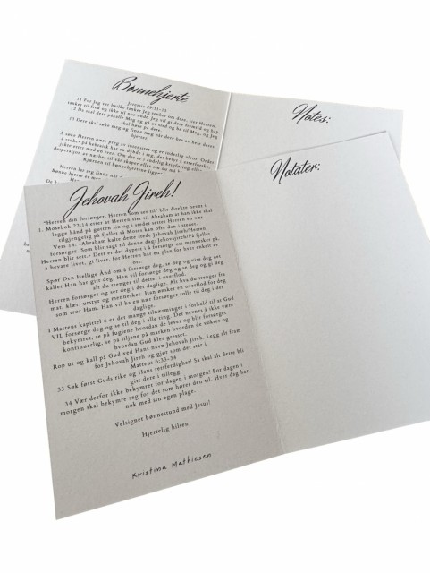 Kortenes innside, med tekst og plass til egne notater